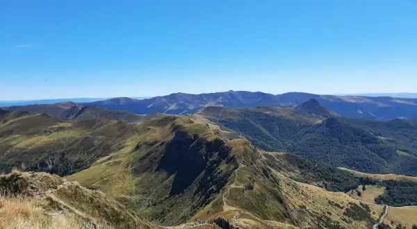 Vue panoramique sur les montagnes du puy Cantal, avec des crêtes herbeuses et des forêts verdoyantes sous un ciel bleu éclatant.