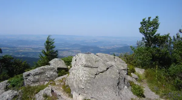 Vue panoramique depuis le sommet rocheux, un sentier serpente à travers la végétation. Le testavoyre offre un paysage de montagnes et de vallées sous un ciel bleu.
