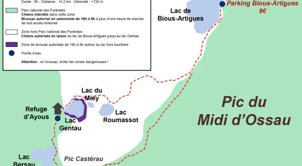 Carte du sentier des lacs d'Ayous, avec le refuge, les lacs et le Pic du Midi d'Ossau. Parking payant à Bious-Artigues.