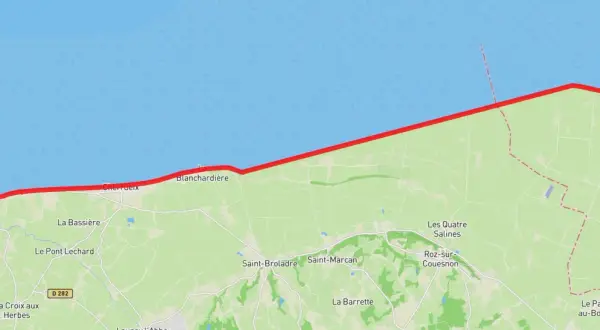 Carte d'un itinéraire cyclable, le gr tour de bretagne, longeant la côte de la Manche, de Le Vivier-sur-Mer jusqu'au Mont-Saint-Michel.