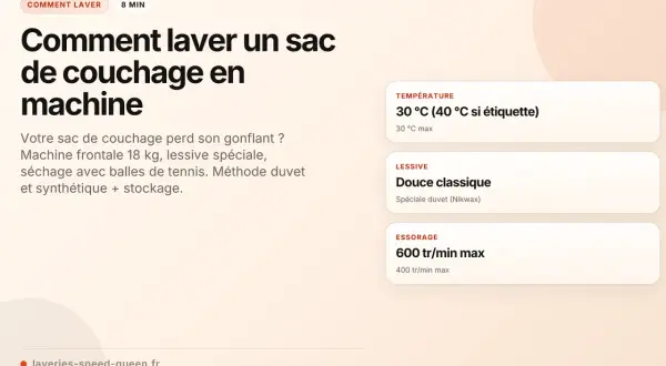 Comment laver un sac de couchage en machine : température, lessive douce, essorage 600 tr/min max.