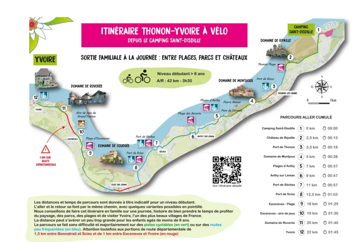 Carte d'un itinéraire à vélo autour du lac Léman, idéal pour un tour du lac Léman vélo en 3 jours, avec des étapes familiales.