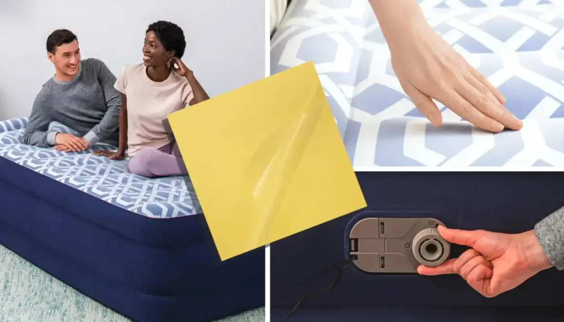 Un couple sur un matelas gonflable. Une main teste la surface. Un patch jaune et une valve sont visibles. Comment trouver trou matelas gonflable ?