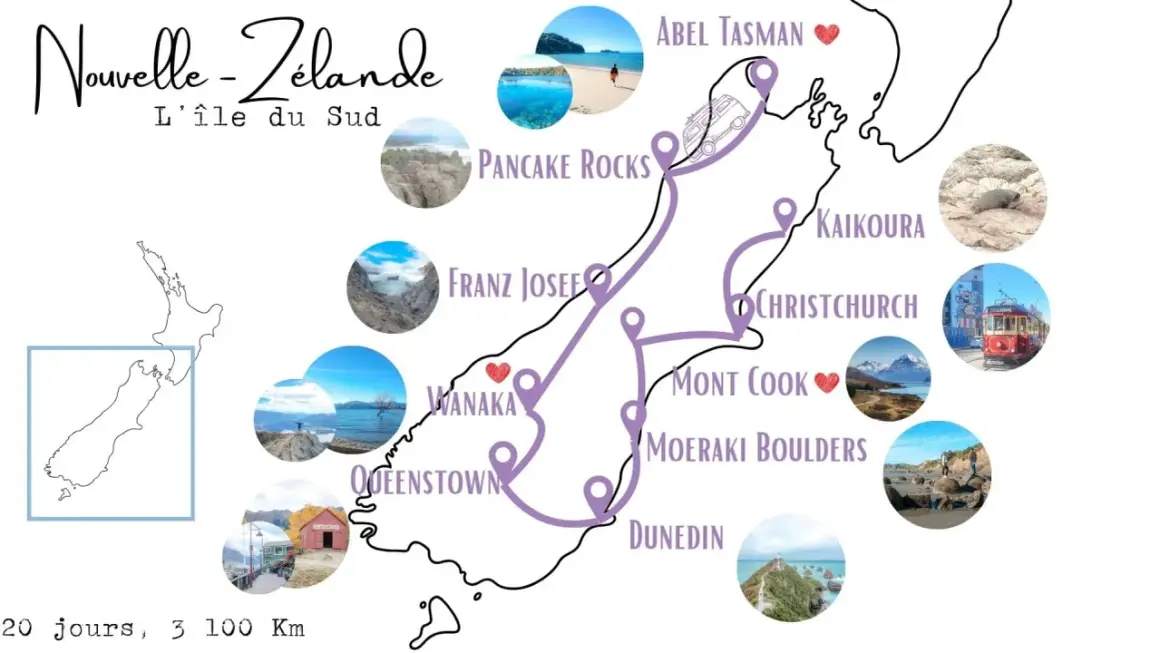 Carte de la Nouvelle-Zélande, île du Sud, avec un itinéraire suggéré pour un voyage en septembre. Points d'intérêt : Abel Tasman, Pancake Rocks, Franz Josef, Wanaka, Queenstown, Mont Cook, Kaikoura, Christchurch, Moeraki Boulders, Dunedin.