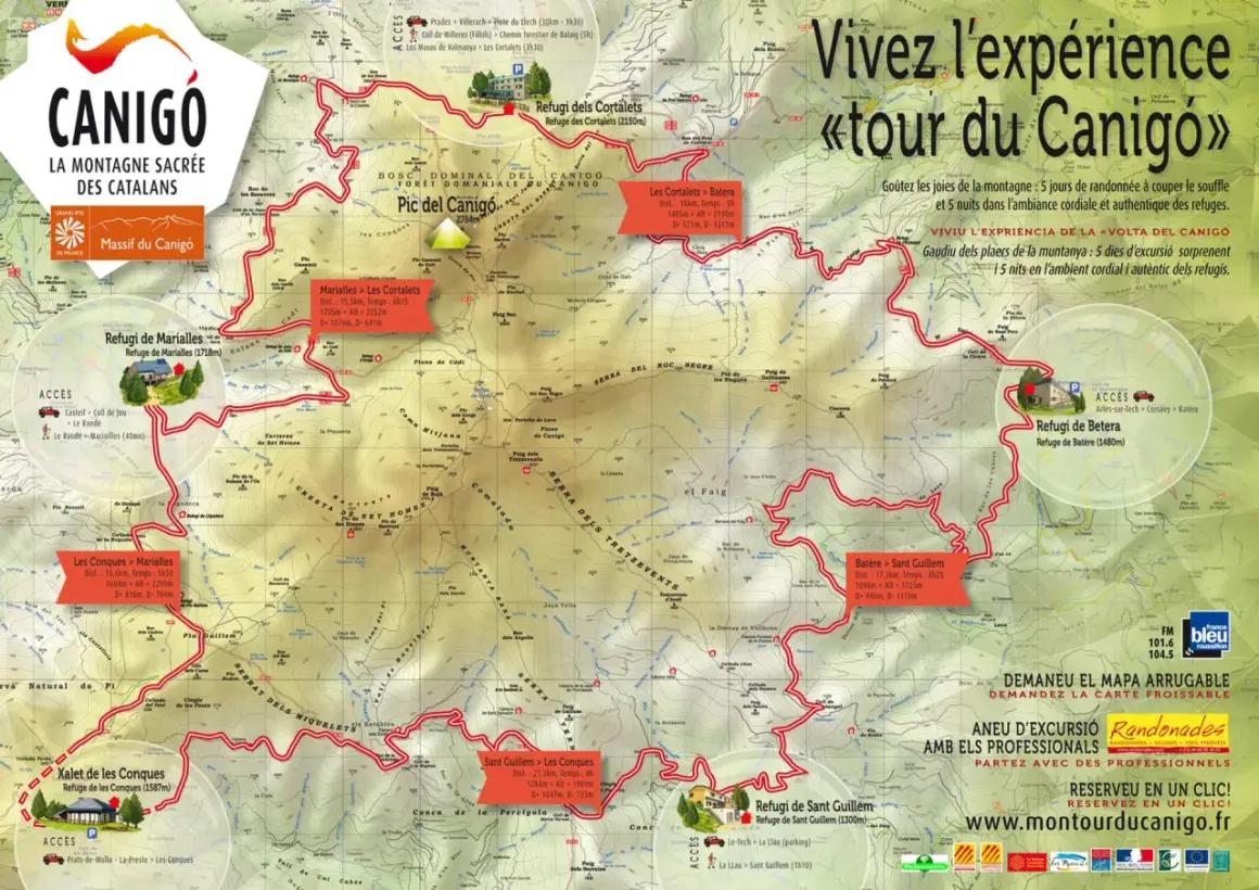 Carte du "tour du Canigó" avec les refuges, les sentiers et les dénivelés. Une invitation à vivre l'expérience de la montagne.