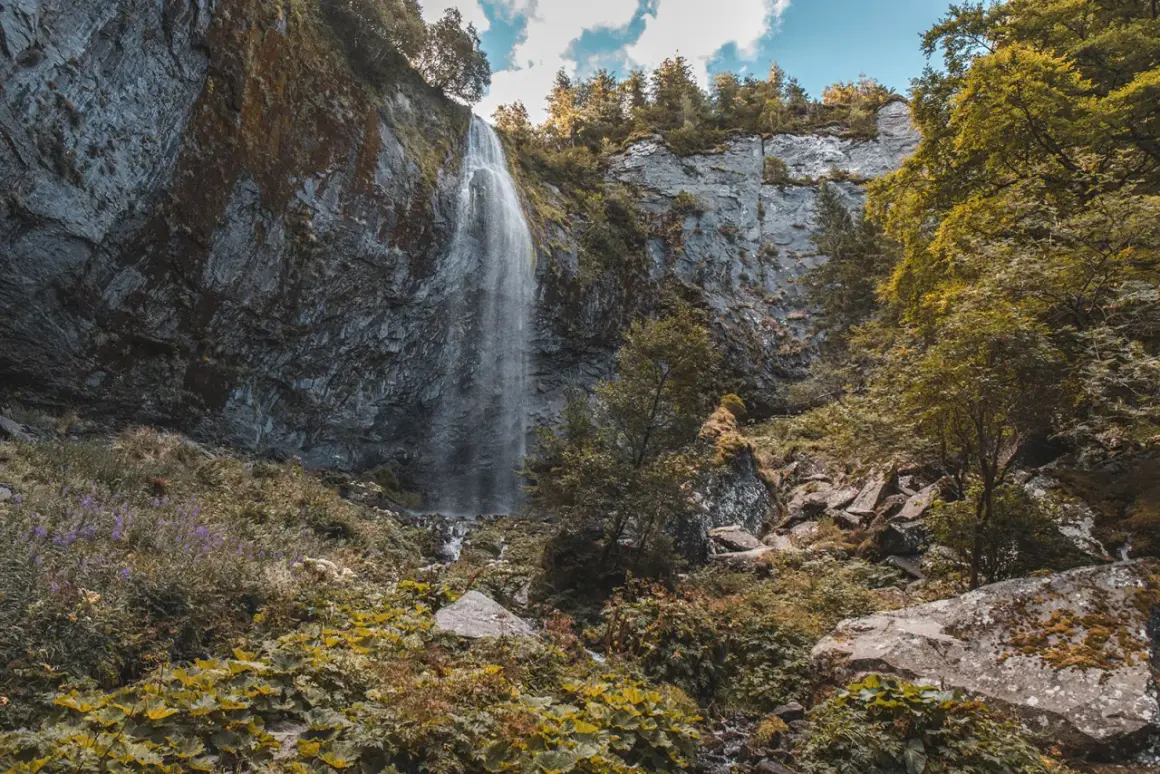 La grande cascade du Mont-Dore dévale une falaise rocheuse, entourée d'une végétation luxuriante et de pins.
