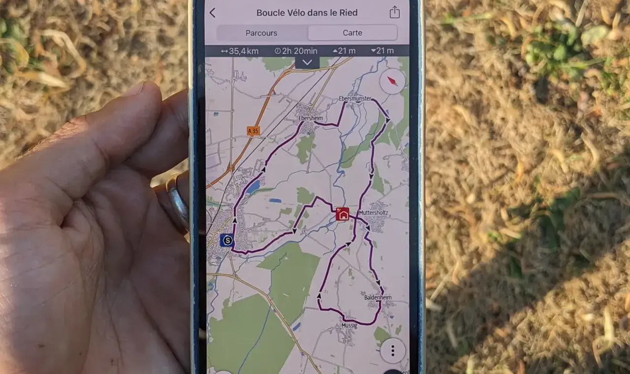 Un iPhone affiche une carte de randonn&eacute;e cyclable avec un itin&eacute;raire violet. Le GPS pi&eacute;ton sur l'iPhone guide l'utilisateur &agrave; travers le Ried.