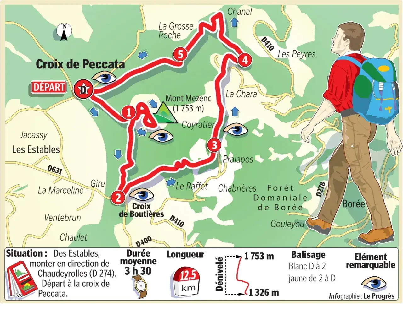 Carte d'une randonnée au Mont Mézenc, départ Croix de Peccata, 12,5 km, 3h30. Un randonneur marche.
