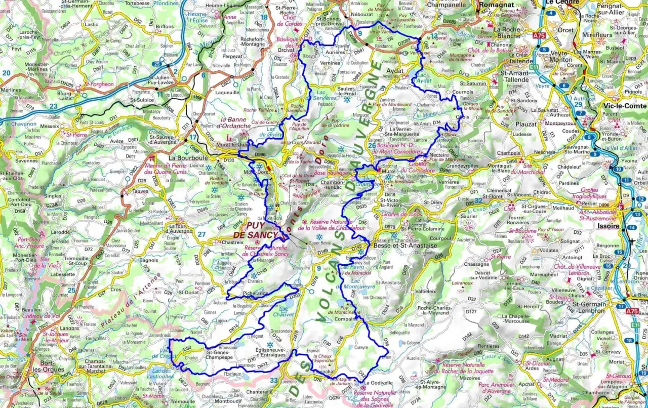 Carte routière du Puy-de-Dôme. Le GR 30,