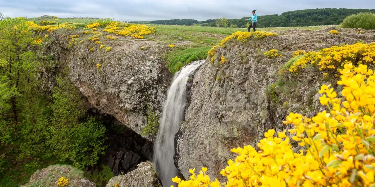 Une randonneuse admire la cascade d'Aubrac, entour&eacute;e de gen&ecirc;ts jaunes &eacute;clatants et de verdure luxuriante.