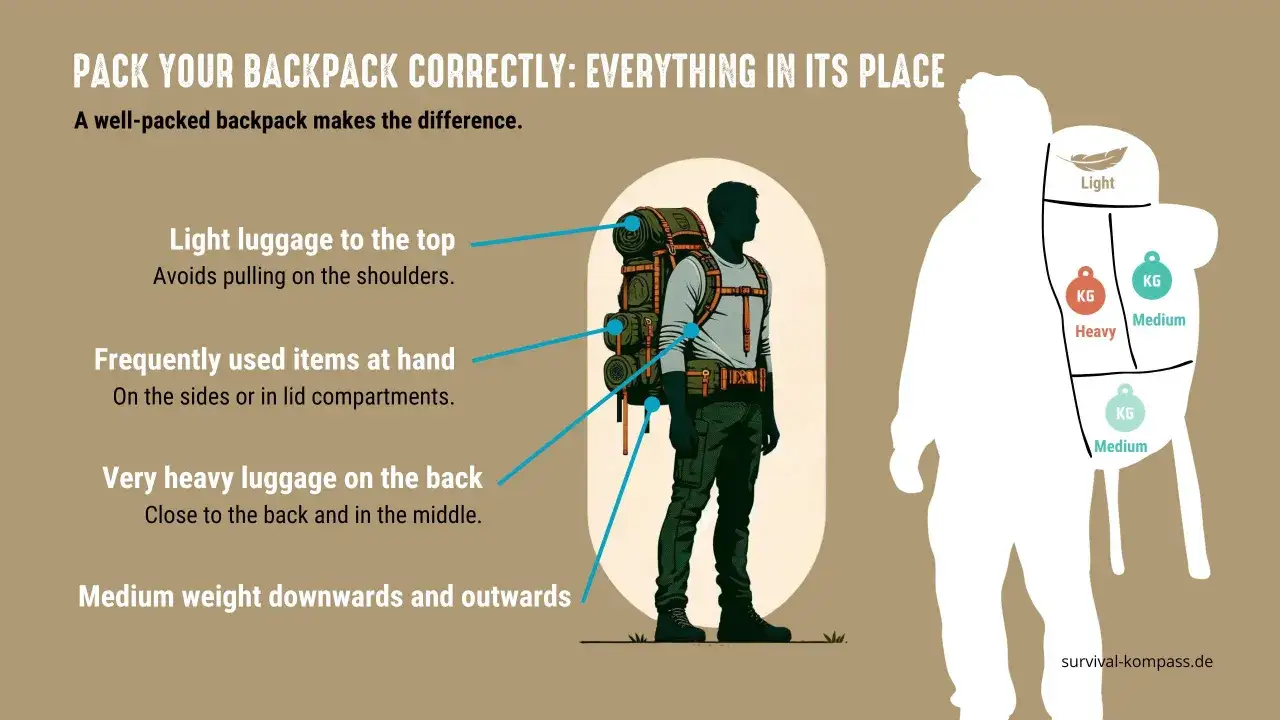 Guide pour le poids du sac &agrave; dos en randonn&eacute;e : l&eacute;ger en haut, lourd pr&egrave;s du dos, moyen en bas.