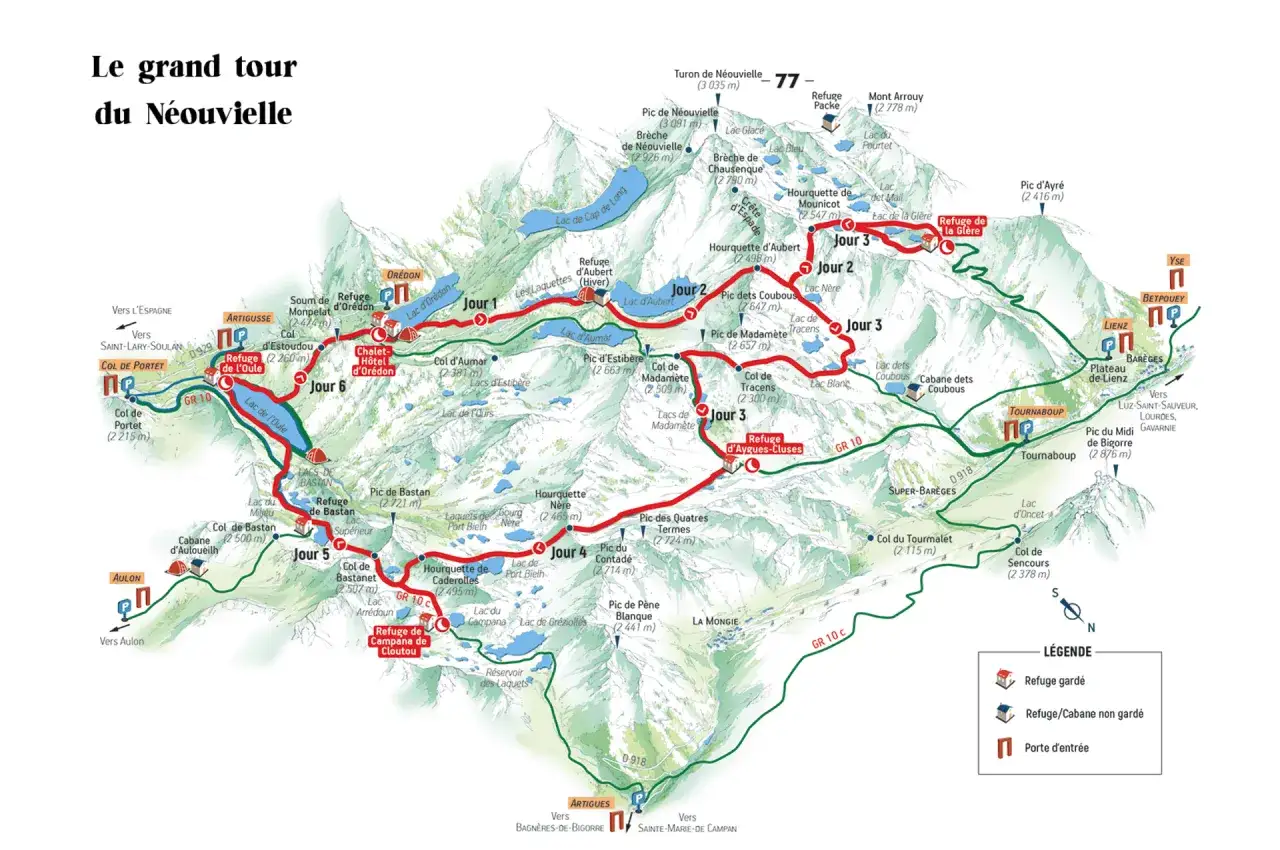 Carte du grand tour du Néouvielle, une randonnée d'un jour à travers des lacs et des refuges de montagne.
