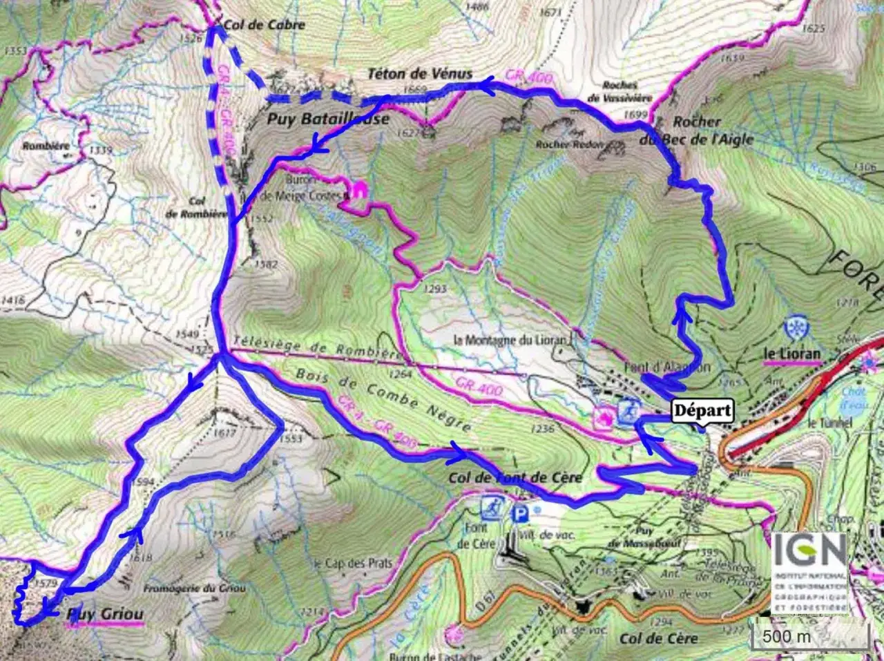 Carte IGN du Cantal : itinéraire de randonnée passant par le Puy Griou, le Col de Cère et le Téton de Vénus.