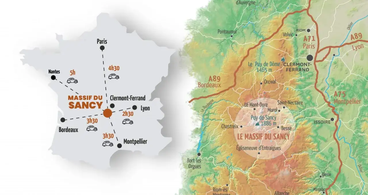 Carte des temps de trajet en voiture vers le Massif du Sancy, incluant Clermont-Ferrand et Le Mont-Dore.