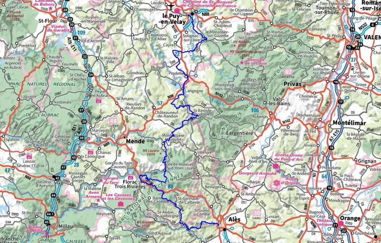 Carte routière de la France, montrant les Gorges du Tarn et les Cévennes, avec un itinéraire GR 70 étapes.