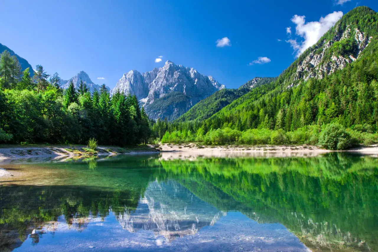 Un lac alpin aux eaux cristallines reflète des montagnes majestueuses et des forêts verdoyantes. Une invitation à visiter la Slovénie et à s'émerveiller.