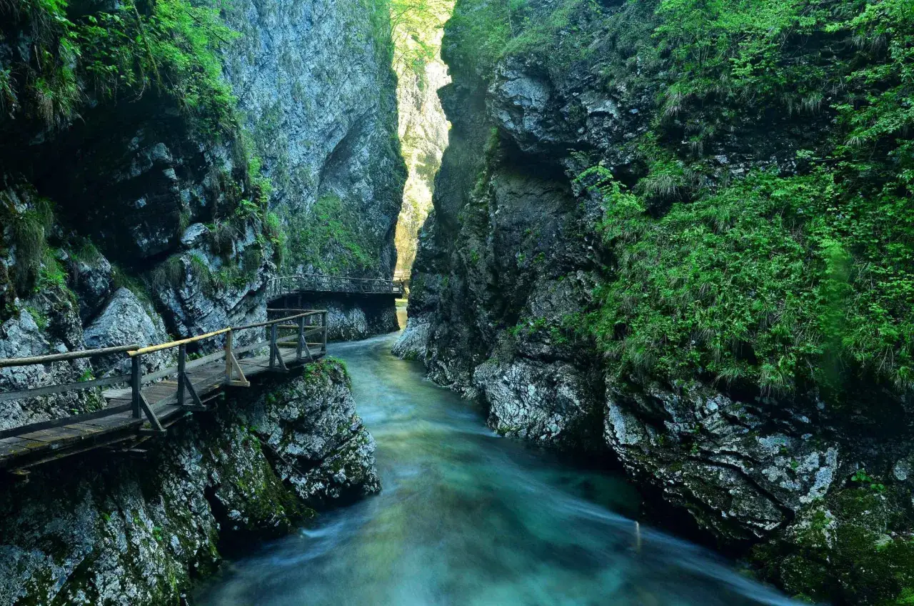Sentier en bois longeant une rivi&egrave;re turquoise dans les gorges de Vintgar, entour&eacute; de falaises verdoyantes et rocheuses.