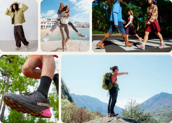 Des personnes actives portent des chaussures Merrell dans divers environnements, de la ville à la montagne.