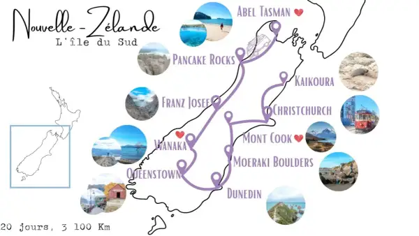 Carte de la Nouvelle-Zélande, île du Sud, avec un itinéraire suggéré pour un voyage en septembre. Points d'intérêt : Abel Tasman, Pancake Rocks, Franz Josef, Wanaka, Queenstown, Mont Cook, Kaikoura, Christchurch, Moeraki Boulders, Dunedin.