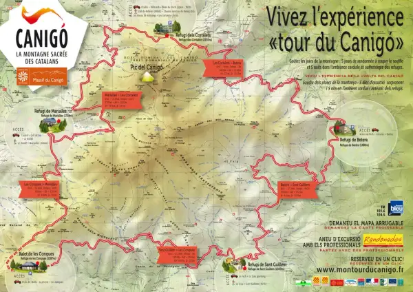 Carte du "tour du Canigó" avec les refuges, les sentiers et les dénivelés. Une invitation à vivre l'expérience de la montagne.