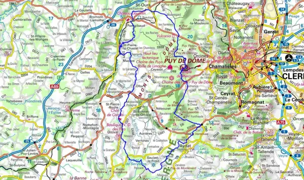 Carte de la rando Chaîne des Puys, avec le Puy de Dôme bien visible.