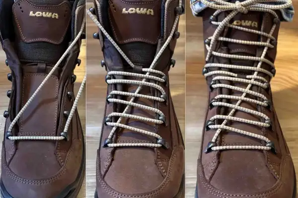 Tuto noeud lacet : trois étapes pour lacer une chaussure de randonnée marron.