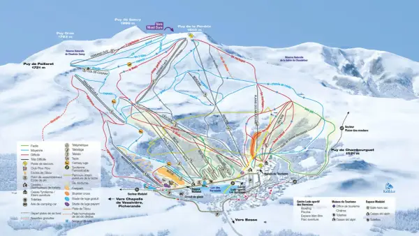 Carte des pistes de ski de **Besse Mont Dore**, avec les sommets, les remontées mécaniques, les pistes de différents niveaux et les points d'intérêt.