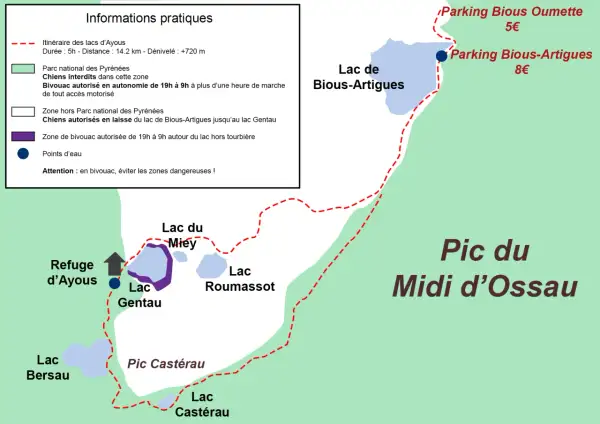 Carte du sentier des lacs d'Ayous, avec le refuge, les lacs et le Pic du Midi d'Ossau. Parking payant à Bious-Artigues.