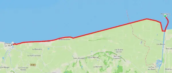 Carte d'un itinéraire cyclable, le gr tour de bretagne, longeant la côte de la Manche, de Le Vivier-sur-Mer jusqu'au Mont-Saint-Michel.